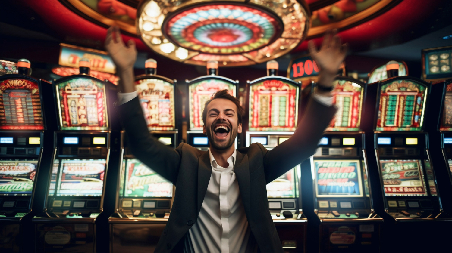 Man enjoying himself in front of the slot machines at a casino